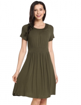 

Army green O-Neck Short Sleeve A-Line Pleated Hem Elastic Pullover Casual Dress, Multicolor