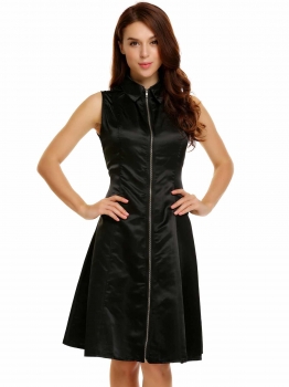 

Black Sleeveless Solid Zip-up A-Line Dress, Multicolor