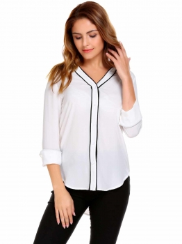 

White Loose High Low Hem Contrast Color Long Sleeve V-Neck Blouse, Multicolor