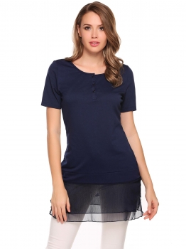 

Blue O-Neck Short Sleeve Mesh Patchwork Button Tops, Multicolor