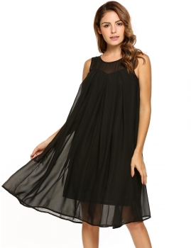 

Black Sleeveless Solid Loose Pleated Chiffon Tent Dress, Multicolor