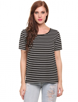 

Black Elastic Stripes Crew Neck Short Sleeve Pullover T-Shirt, Multicolor