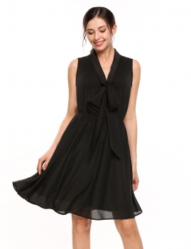 

Black V-neck Sleeveless Bow Tie Solid Pleated Dress, Multicolor