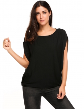 

Black Batwing Short Slit Sleeve Solid Pullover Loose T-Shirt, Multicolor