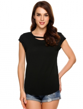 

Black Hollow Out O-Neck Cap Short Sleeve Solid T-Shirts, Multicolor
