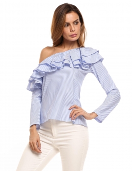 

Blue white Ruffles Stripes One Shoulder Long Sleeve Club Slim Tops, Multicolor