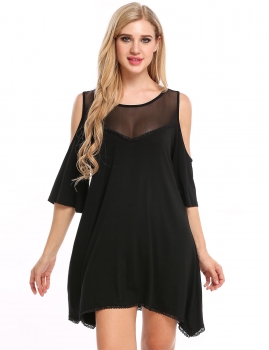 

Black Women Sexy Cold Shoulder See-through Lace Patchwork Mesh Elastic Mid-Long T-Shirt, Multicolor