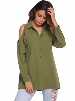 

Army green Solid Button Down Collar Cold Shoulder Long Sleeve Loose Shirt, Multicolor