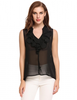 

Black Chiffon Slim Ruffle Asymmetrical Hem Round Neck Sleeveless Tank Top, Multicolor