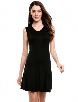 

Black V-Neck Sleeveless Solid Pleated Hem Elastic Pullover Tank Dress, Multicolor