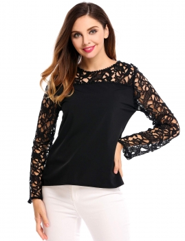 

Black Hollow Lace Patchwork O-Neck Long Sleeve Pullover, Multicolor