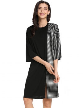 

Black O-Neck Half Sleeve Striped Patchwork Elastic Casual Dress, Multicolor