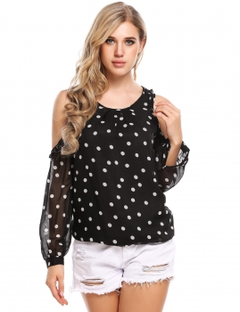 

Black Dot Pleated Off Shoulder Chiffon Long Sleeve Lining Blouse, Multicolor