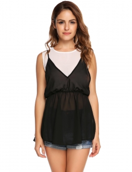 

Black Asymmetrical Hem False Two Pieces Chiffon Tops, Multicolor
