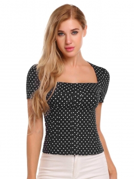 

Black Square Collar Short Sleeve Dot Retro Style Sexy Tops, Multicolor
