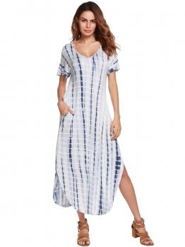 

Blue Short Sleeve V Neck Loose Split Maxi Dress, Multicolor