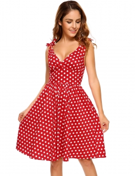 

Red Pollka Dot V-neck Bow Sleeveless Swing Dress, Multicolor