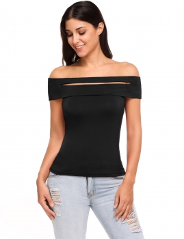 

Black Off the Shoulder Slash Neck Solid Hollow Out Elastic Short T-Shirt, Multicolor