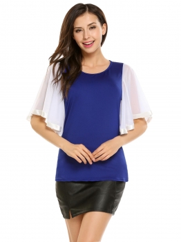 

Blue O-Neck Mesh Patchwork Flare Short Sleeve Solid Tops, Multicolor