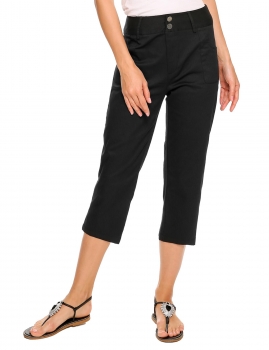 

Black High Waist Solid Button Slim Work Capri Pants, Multicolor