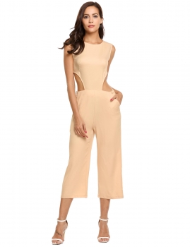 

Apricot Sleeveless Cut Out Backless Solid Pocket Jumpsuit, Multicolor