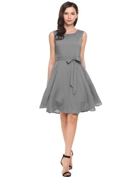 

Gray Sleeveless Solid Belted Cocktail Belted Party Dress, Multicolor