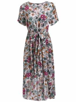 

Green Short Sleeve V-neck Floral Asymmetric Dress, Multicolor