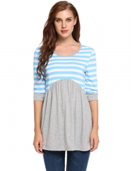 

Blue O-Neck Stripes Patchwork A-Line Ruffle Brim Hem Elastic Top, Multicolor
