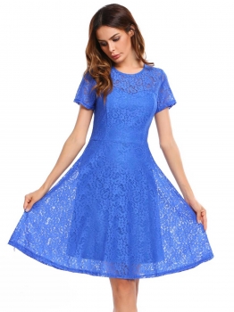 

Blue Short Sleeve Full Lace O Neck A-Line Dress, Multicolor