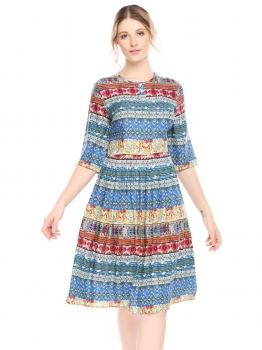 

Red Ethnic Style Half Sleeve Vintage Print O Neck Swing Daily Dress, Multicolor