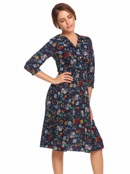 

Navy blue 3"4 Sleeve Floral Print Picnic Swing Dress, Multicolor
