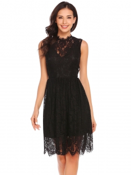 

Black Women Casual Stand Collar Sleeveless Lace Floral A-Line Pleated Back Hollow Out Party Dress, Multicolor