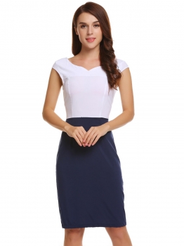 

White blue Cap Sleeve Patchwork V Neck Split Chiffon Pencil Dress, Multicolor