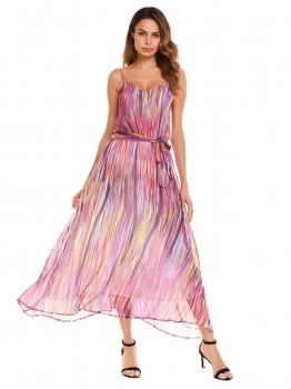 

Purple Stripes Belted Spaghetti Strap Chiffon Maxi Dress, Multicolor