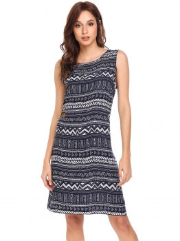 

Blue Women Sleeveless Print Mesh Patchwork O Neck Hollow Out Casual Dress, Multicolor