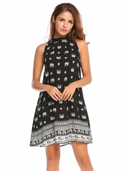 

Black Women Sleeveless Print O Neck Pleated Shift Dress, Multicolor