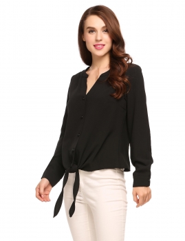 

Black Long Sleeve V-Neck Solid Tie Hem Button Down Shirts, Multicolor