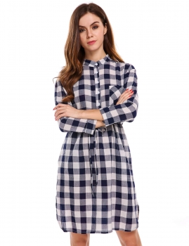 

Blue 3"4 Sleeve Plaid Stand Collar Shirt Dress With Belt, Multicolor