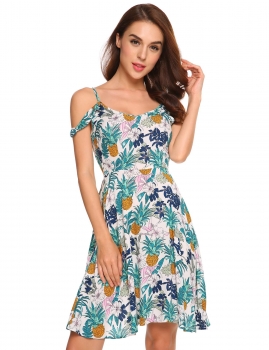 

White Sleeveless Spaghetti Strap Print Ruffled Trim Sundress, Multicolor