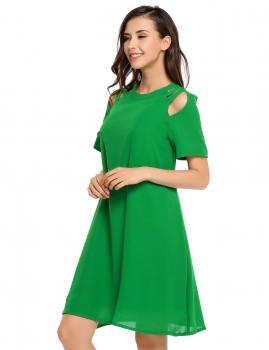 

Army green Cut out Raglan Short Sleeve Solid O Neck Loose Shift Dress, Multicolor