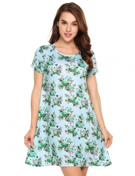 

Women Casual Short Sleeve Floral Print O Neck Pullover A-Line Dress, Multicolor