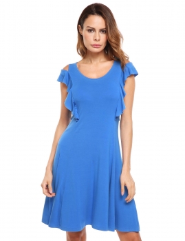 

Blue Cold Shoulder Solid Ruffles Tank Dress, Multicolor