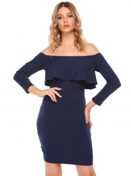 

Navy blue Women Sexy Long Sleeve Solid Off Shoulder Ruffles Bodycon Pencil Dress, Multicolor