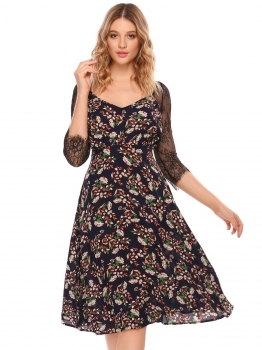 

Navy blue Casual 3"4 Sleeve Floral Lace Patchwork V Neck Pleated Dress, Multicolor