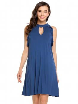 

Blue Ruffles Keyhole Sleeveless Solid Stand Collar A-Line Dress, Multicolor