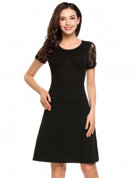 

Black Short Sleeve Lace Patchwork A-Line Dress, Multicolor
