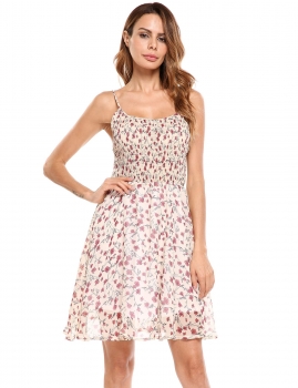 

Beige Floral Print Spaghetti Strap Chiffon Fit and Flare Dress, Multicolor