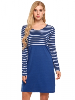 

Blue Round Neck Striped Patchwork Business Sheath Dress, Multicolor