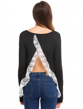 

Black Back Split Lace Patchwork Loose Long Sleeve T-Shirt, Multicolor