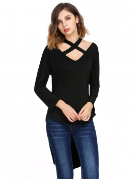 

Black Casual Bat Sleeve V Neck Cross Front Solid Loose Tops, Multicolor